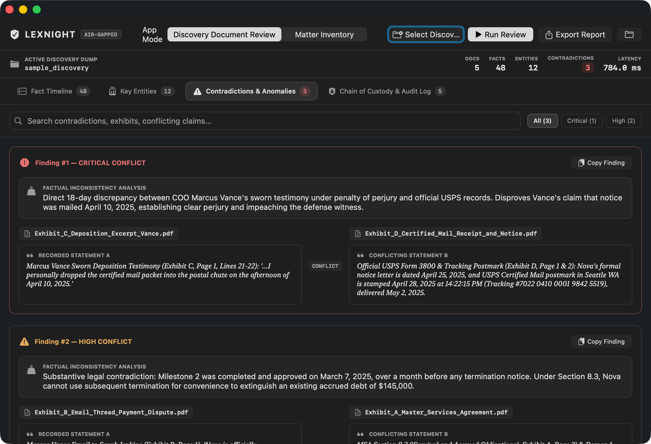 Lexnight macOS app detecting perjury in Marcus Vance deposition vs USPS postmark